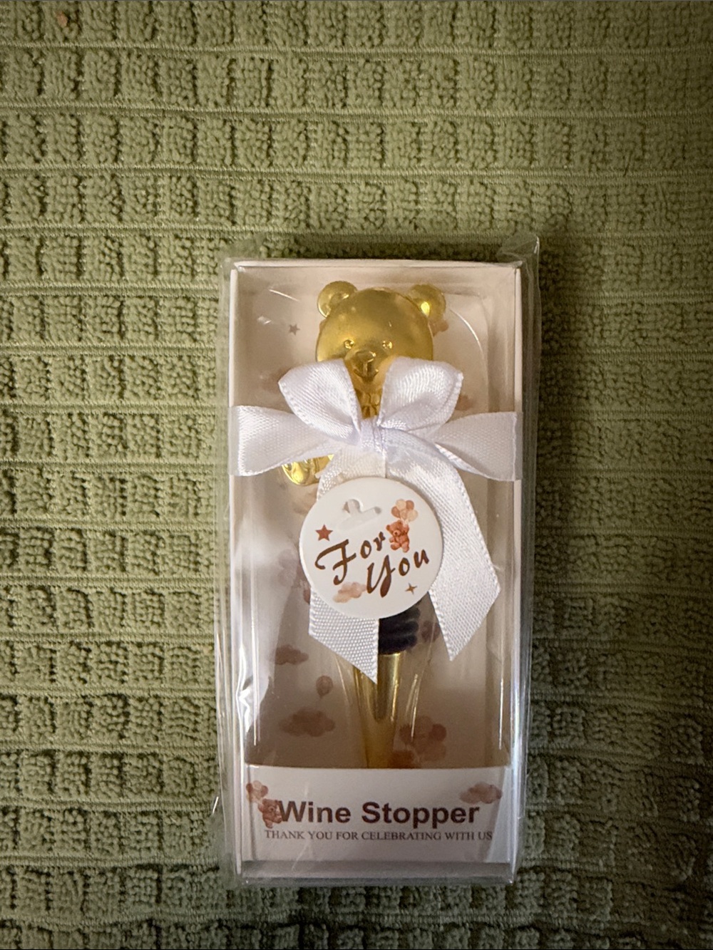 Gold Bear Wine Stopper with White Ribbon Gift Accent